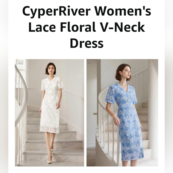 Lace Floral V-Neck Dress with Puff Sleeves and Back Zipper #1001 - Picture 11 of 12